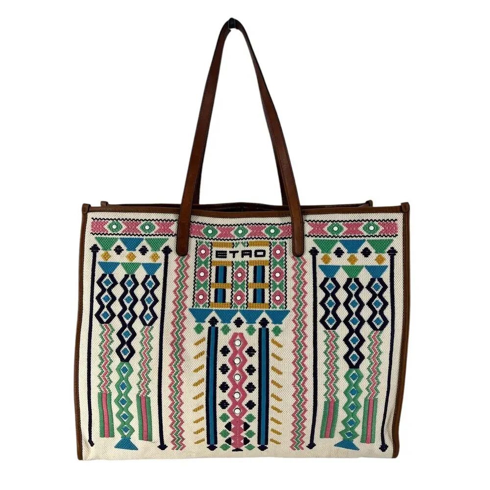ETRO Embroidered Canvas Shopper Tote Bag Neutrals‎